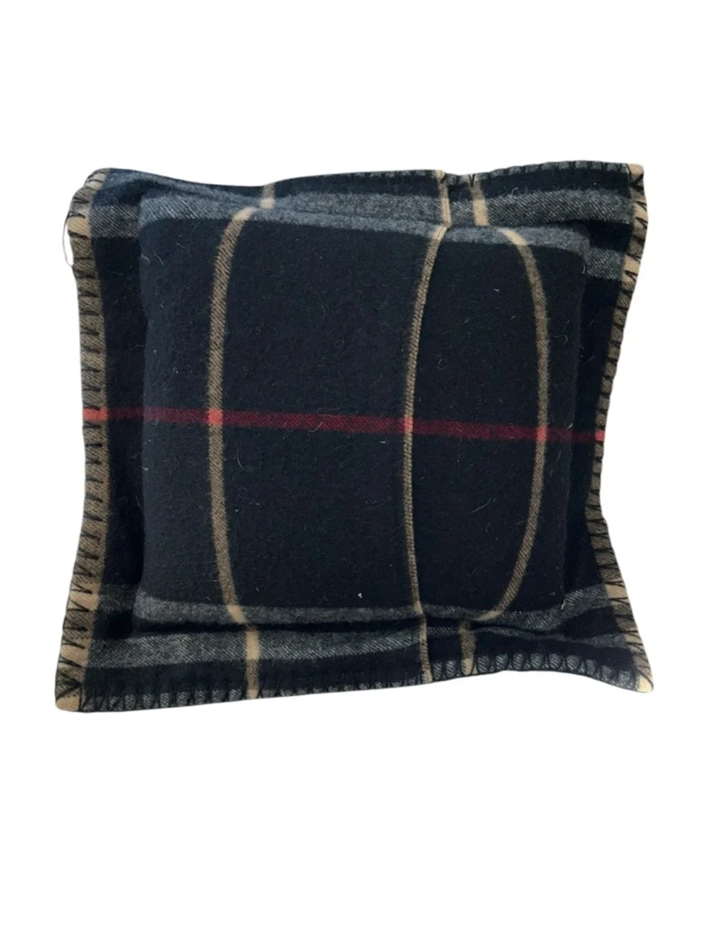 Burberry Black Lambswool plaid  pillow Red Stripe Tan Trim Scotland
